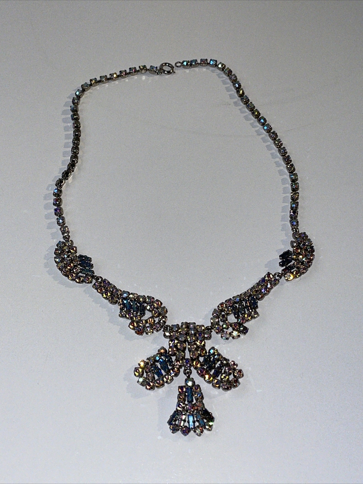 NOS! Vintage Blue Tint Aurora Borealis Rhinestone Necklace Unsigned Foil Back E5
