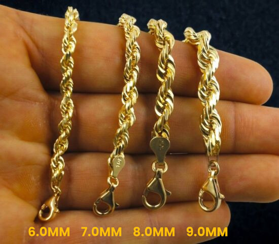 10K Yellow Gold SOLID Rope Bracelet Chain Diamond Cut Men Women 1mm-10mm 7″-9″