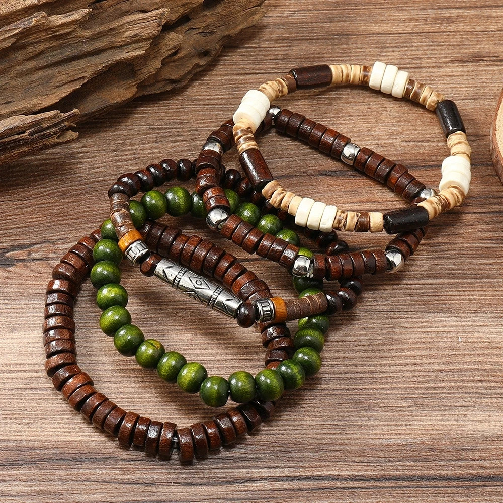 5PCS Wooden Bead Bracelet Set Elastic Retro Unisex Bangle Jewelry