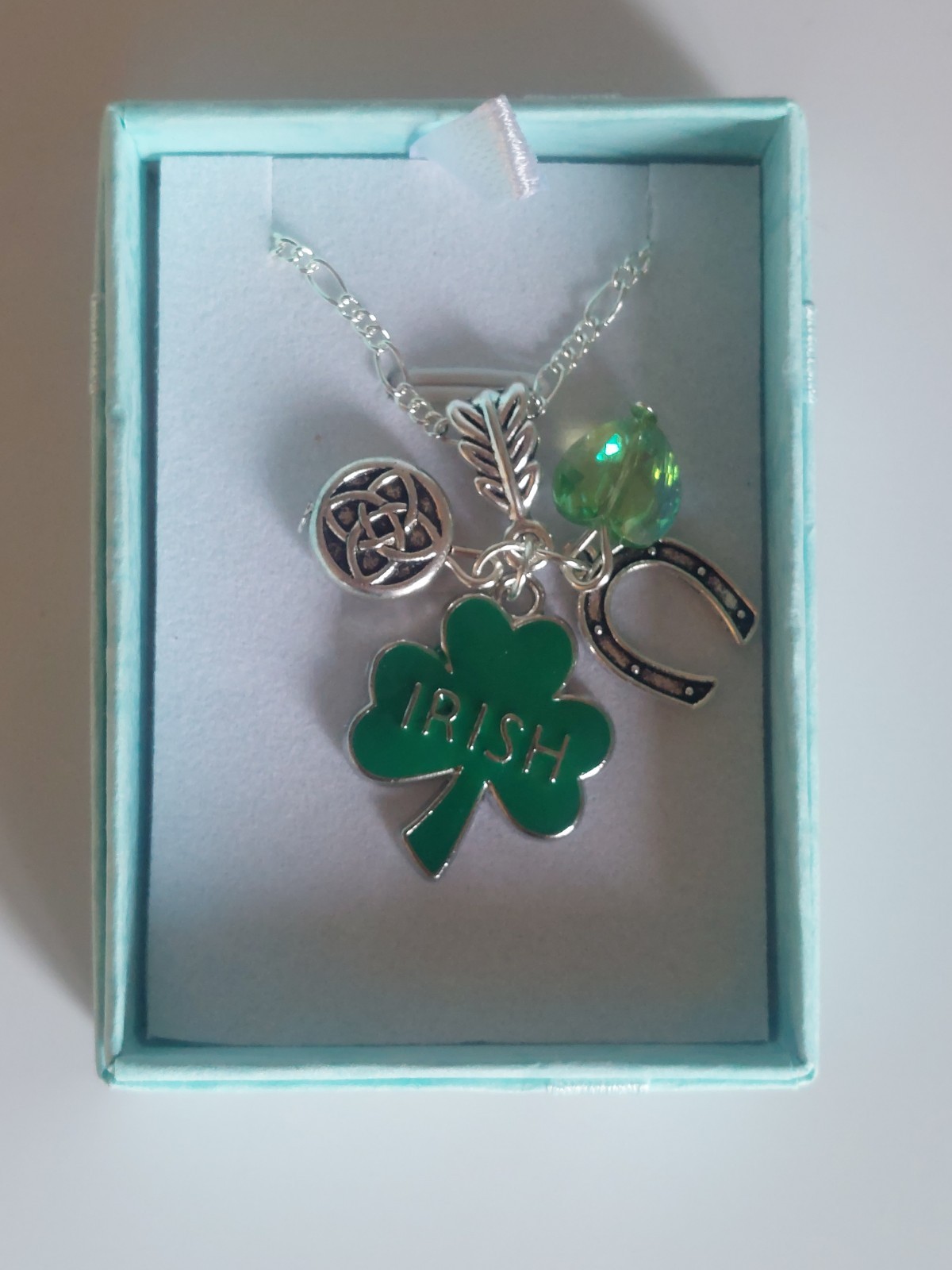 Sterling Silver 22 Inch Chain Green enamel Irish shamrock Serch Bythol heart