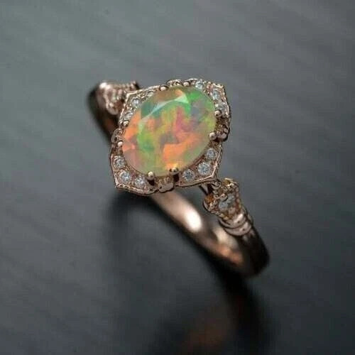 Oval Cut Lab created Fire Opal Women’s Pretty Wedding Ring 14K Rose Gold Plated