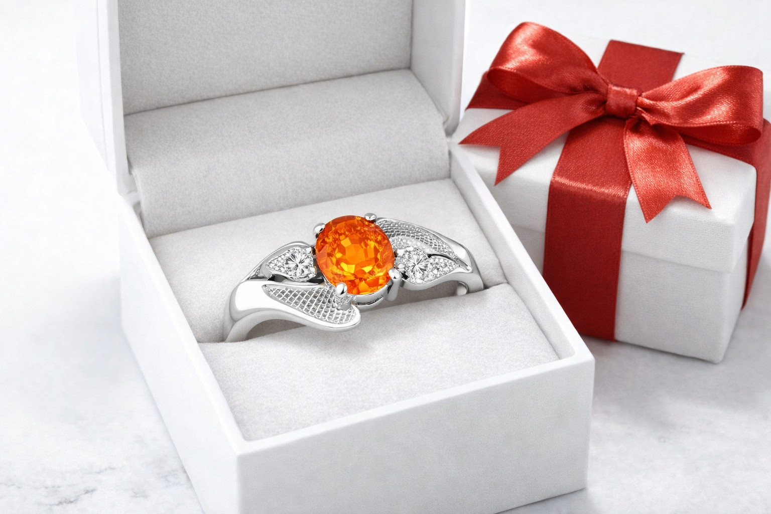GENUINE 0.72 Cts PADPARADSCHA SAPPHIRE & DIAMOND RING 10K WHITE GOLD – NWT