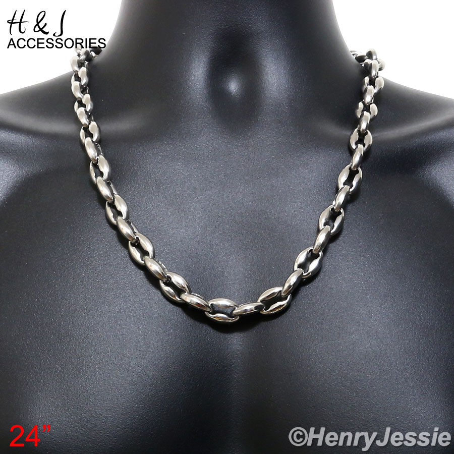 18-40″MEN 316L Stainless Steel 12mm Silver Puffed Mariner Link Chain Necklace