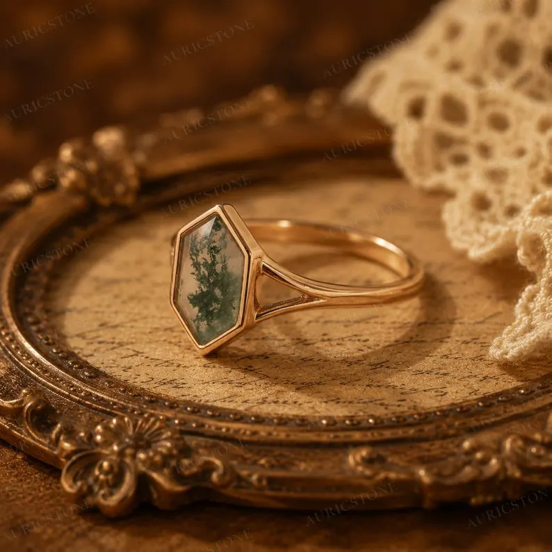 Lab Created Green Moss Agate Ring, Base Metal: Brass Finish: Gold Plated