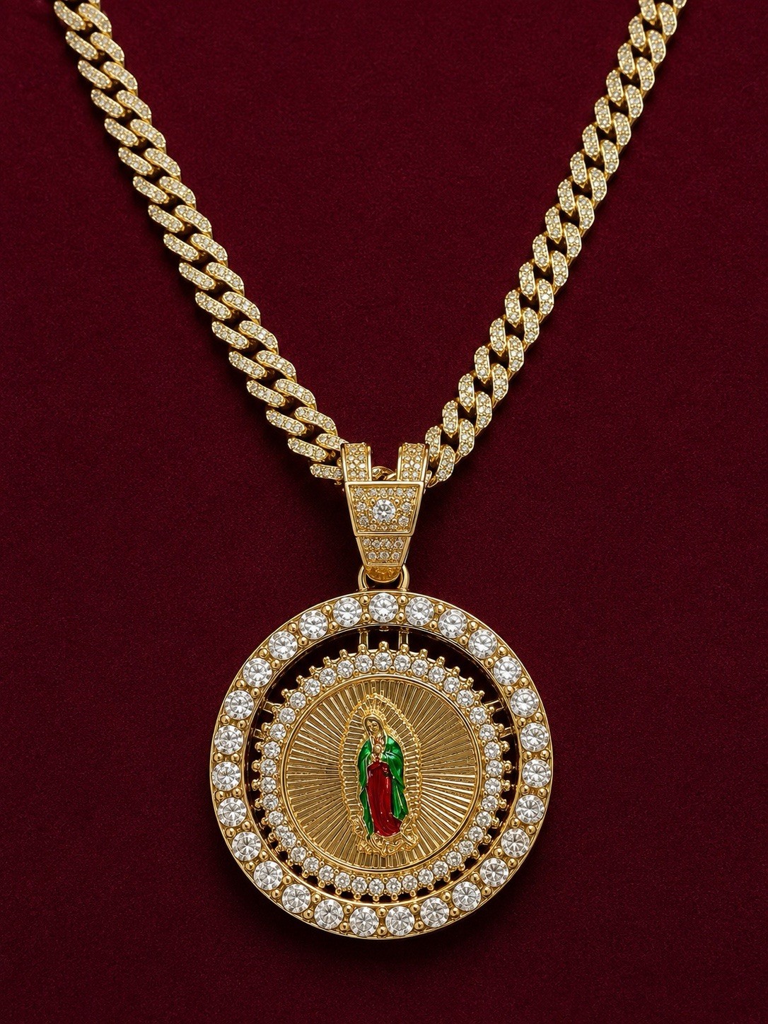 Gold plated Cuban Link Chain Necklace w/ Round spinning CoinPendant Religious