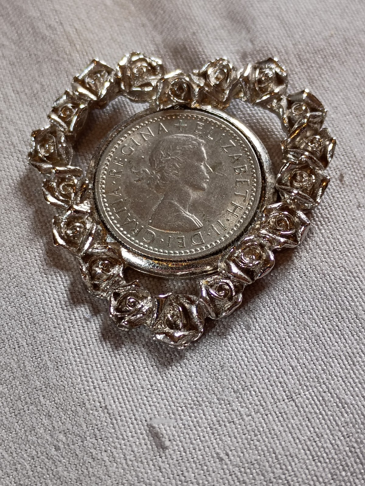 Vintage 1961 Great Britain Six Pence Coin Heart Pendant.