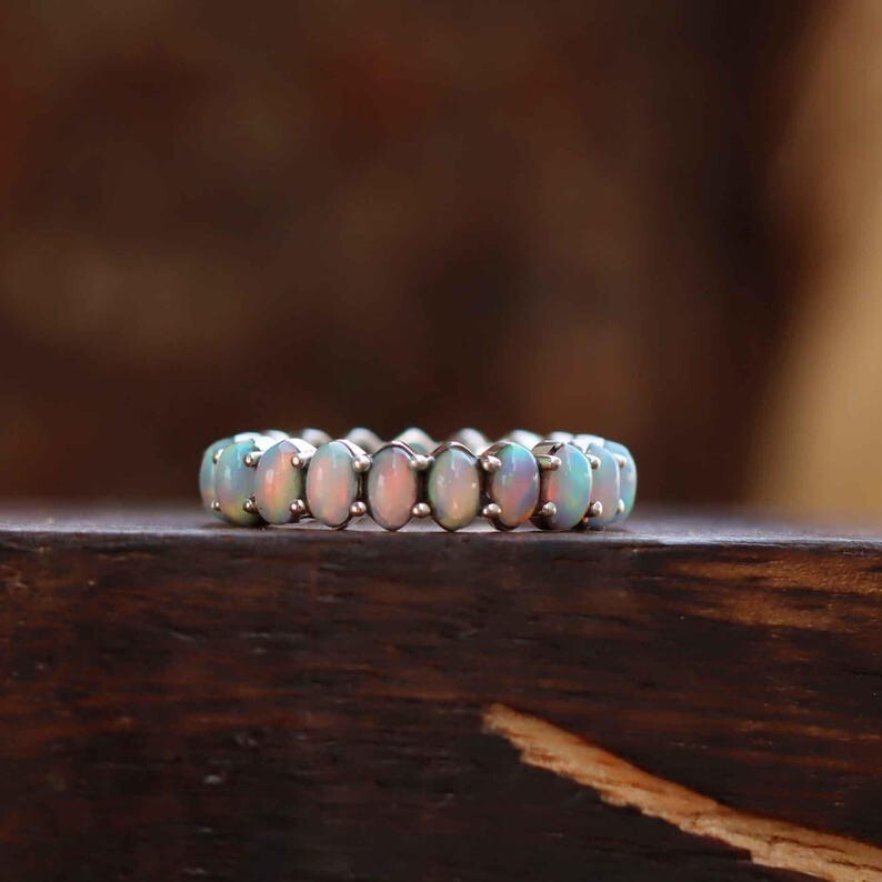 Fire Opal Eternity Ring, 925 Sterling Silver Wedding Ring, Opal Engagement Ring