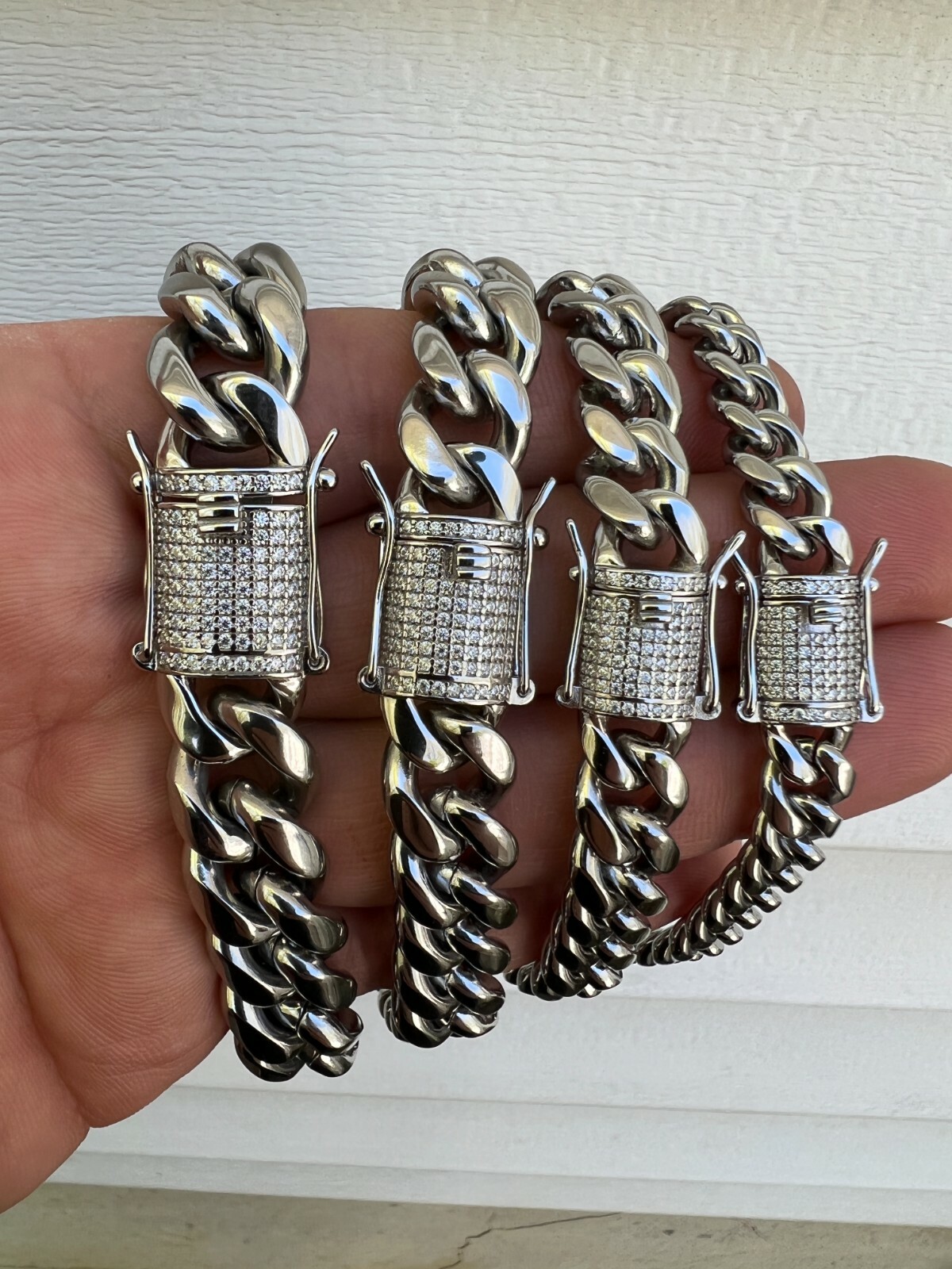 Miami Cuban Link Stainless Steel Bracelet 1ct CZ Iced 925 Silver Clasp 8mm-14mm