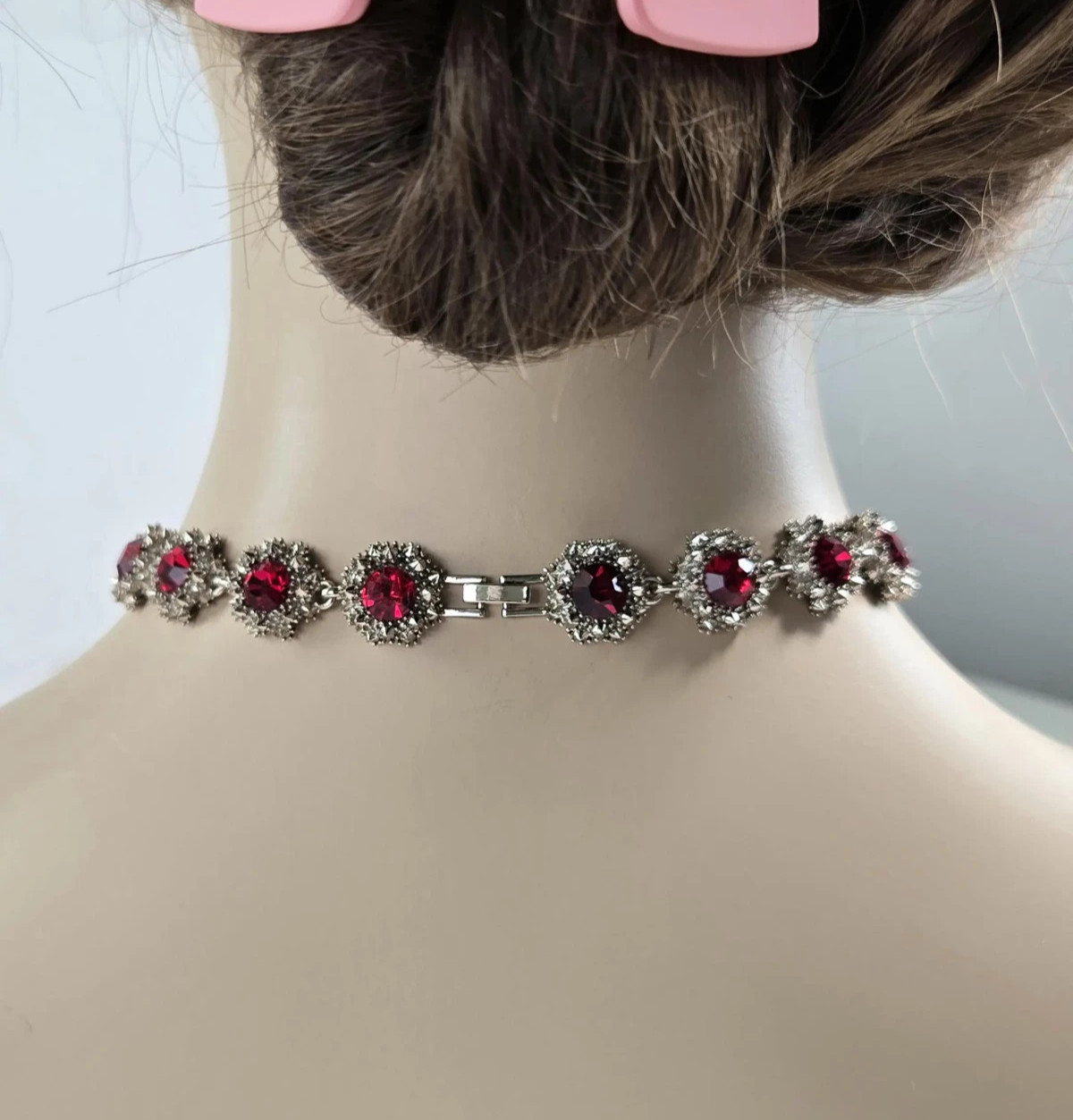 Simulated Red Statement Choker, Rhinestone Silver Tone Necklace