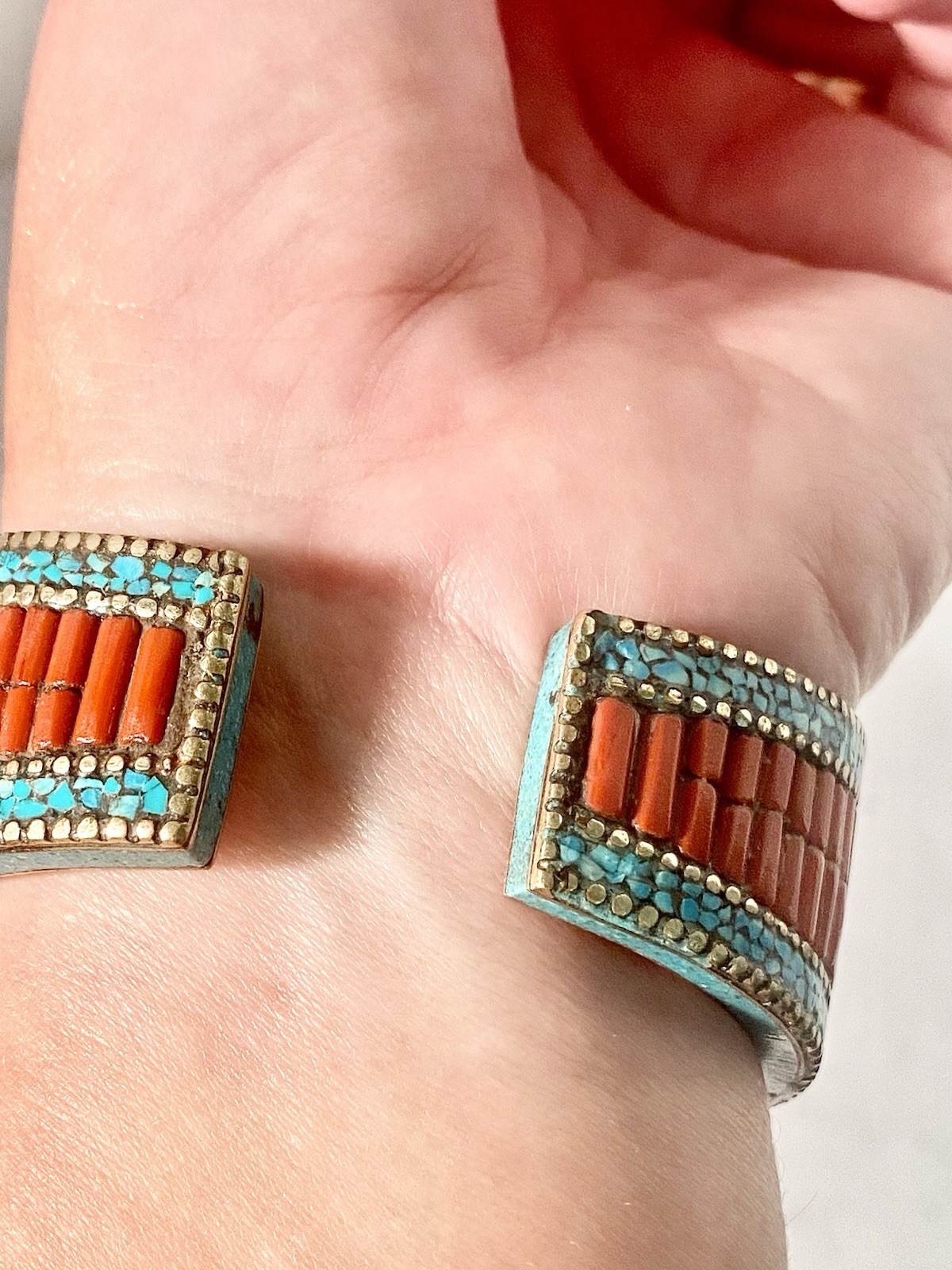 Moroccan Silver Tone Style Berber Mosaic Cuff Bracelet Coral Turquoise Enamel