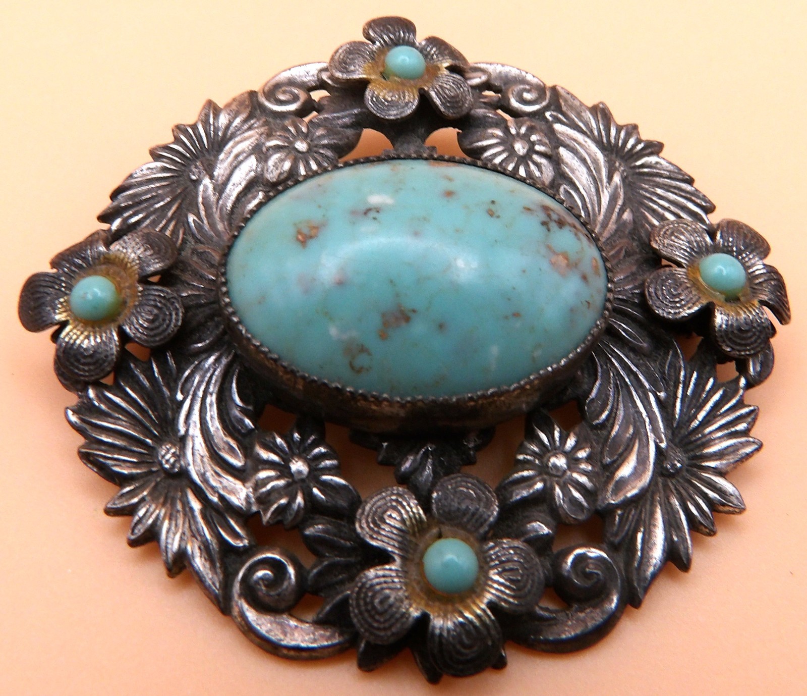 Czech Silver Faux Turquoise Blue Glass Round Brooch-Czech Republic