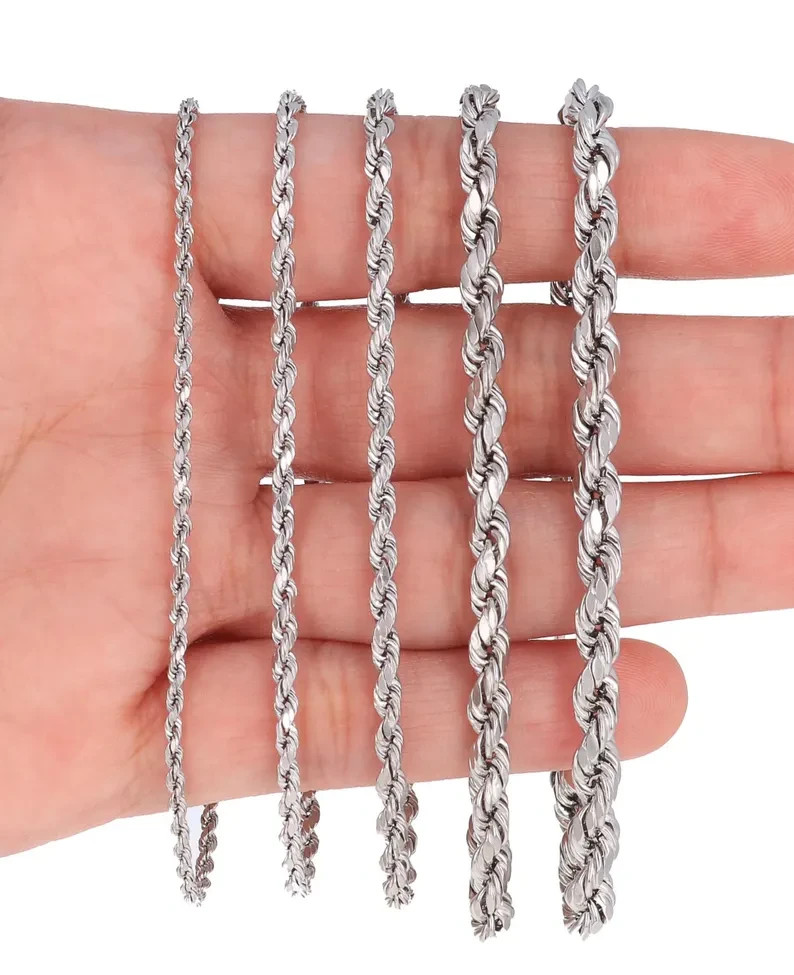 14K White Gold Rope Chain Bracelet Diamond Cut Real Gold 2mm-5mm 7-9in Unisex