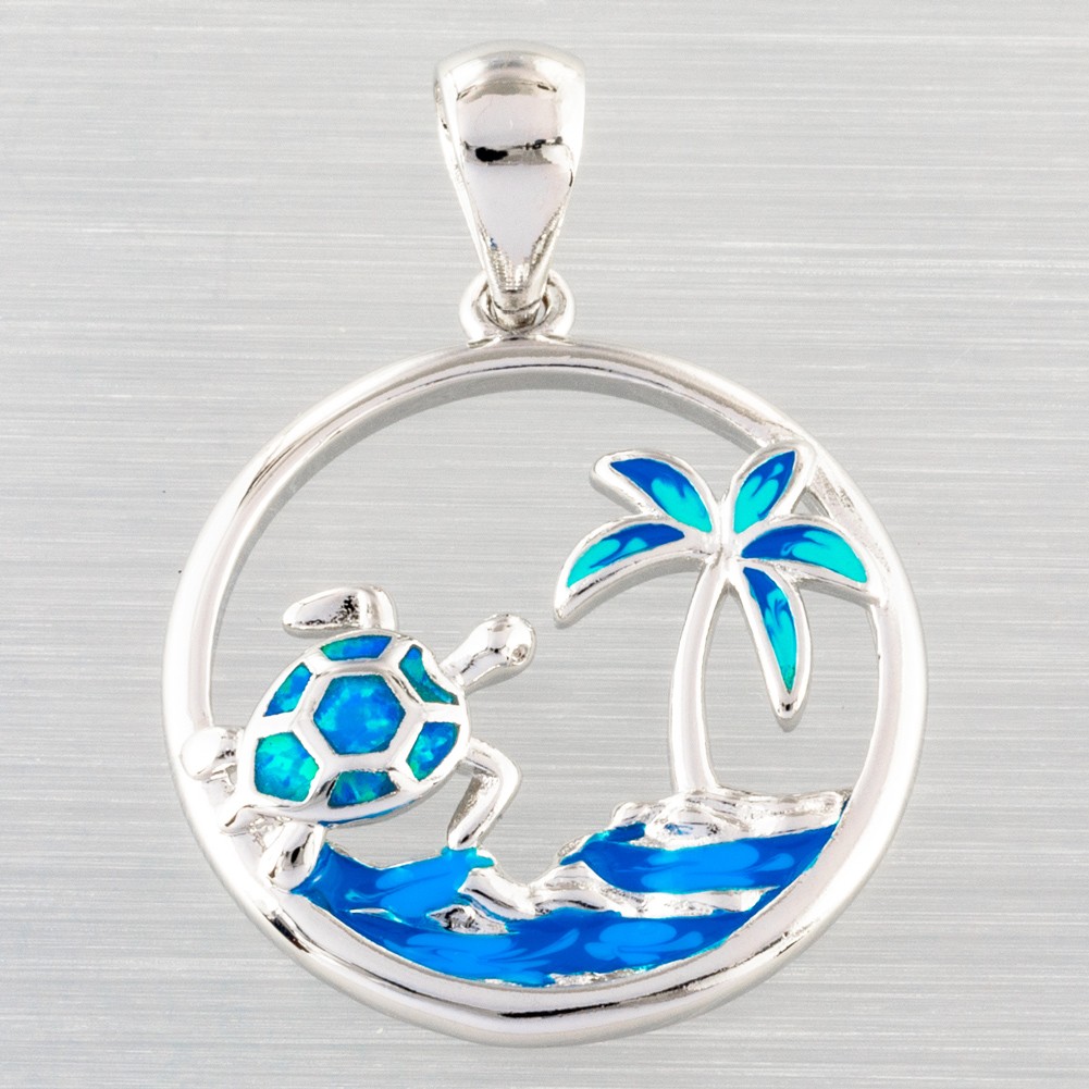 Sea Turtle Palm Tree Ocean Blue Fire Opal Silver Jewelry Necklace Pendant