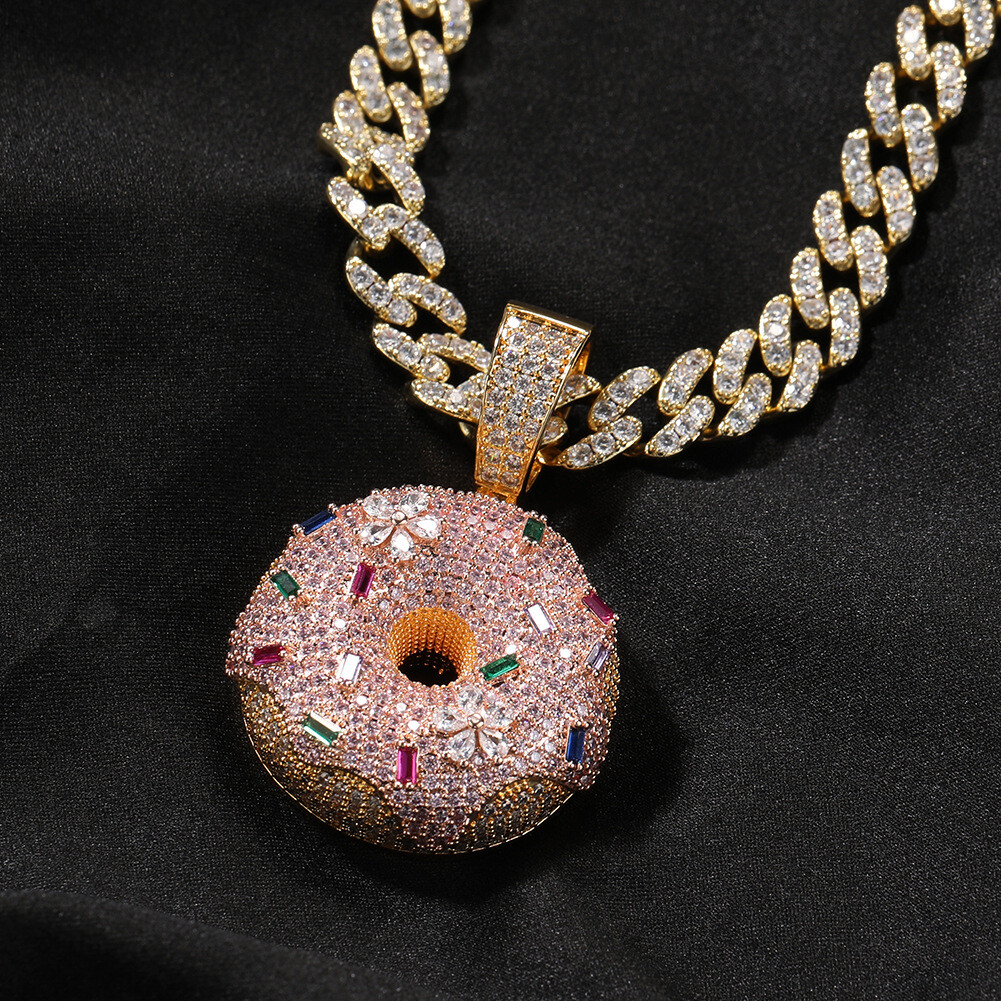 Hip Hop Colorful Donut Pendant Necklace 18k Real Gold Plated Full Zircon Jewelry