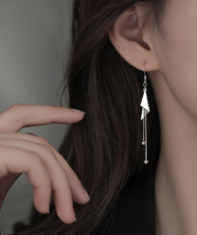 Women 925 Silver Tassel Ball Triangle Geometric Dangle Drop Hook Earrings J1