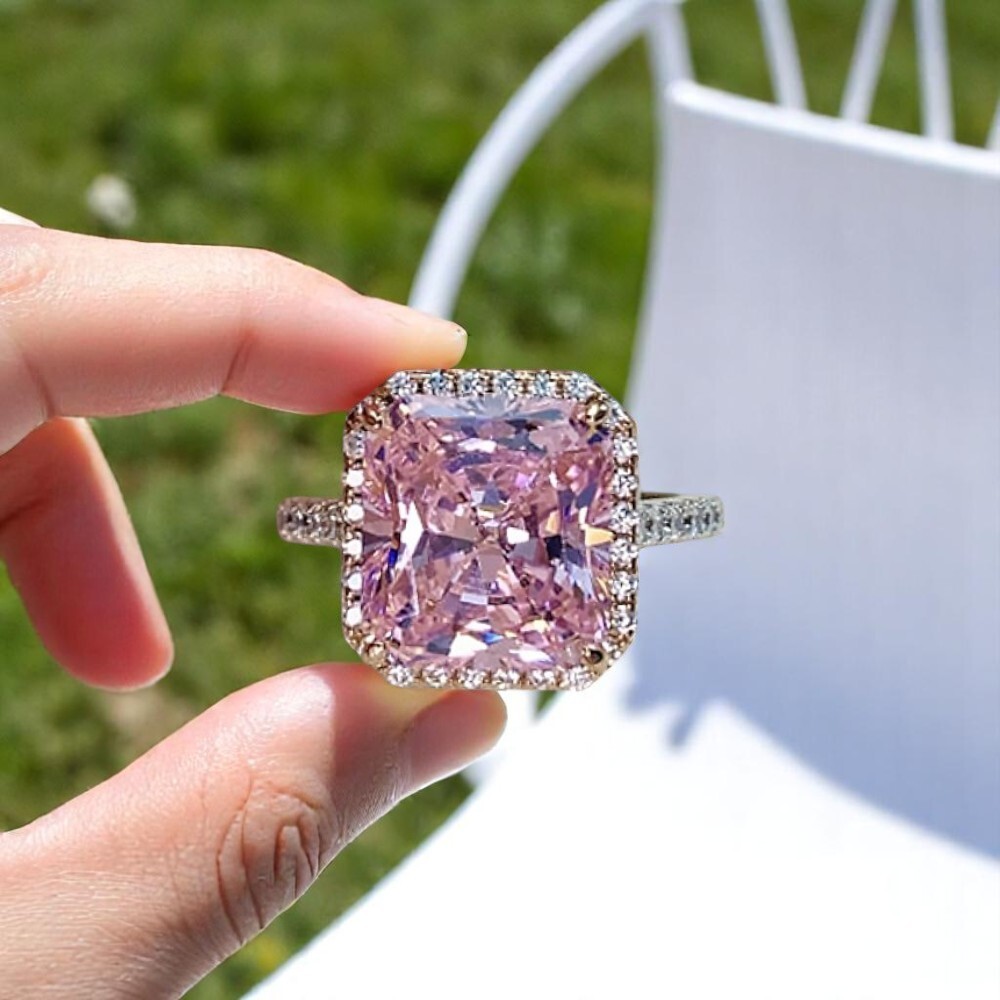 14K White Gold Wedding Ring Lab Created Pink Sapphire Diamond 4.40 Carat Radiant