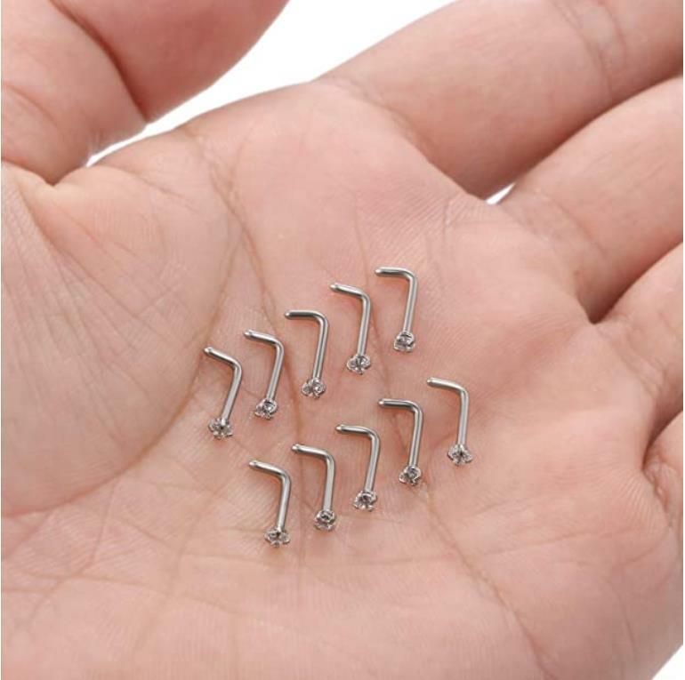 10PCS 20G Surgical Steel L Shaped Mix Color CZ Nose Stud Rings Piercing Jewelry