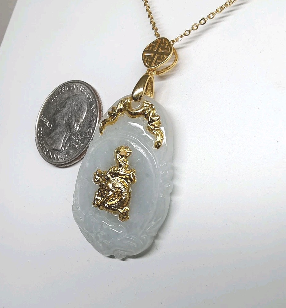 Certificated Dragon Jade Pendant 24K Gold Coated with silver hook 镀千足金玉吊坠龙生肖翡翠A货