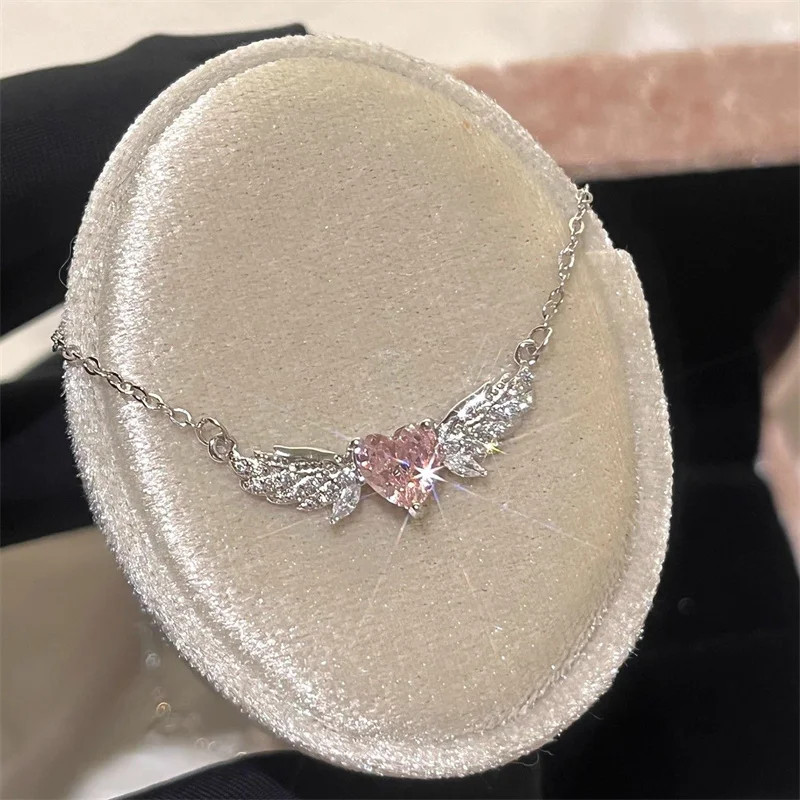 Crystal Angel Wings Pink Heart Pendant Necklace Women Clavicle Chain Choker