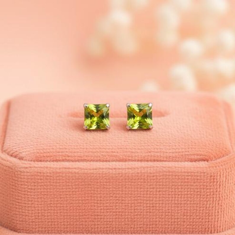 Green Square Stud Earrings | 925 Sterling Silver, Minimalist