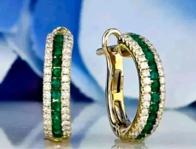 Emerald 2Ct Round Cut Hoop/Huggie Lab-Created Earring 925 Sterling Silver Plated