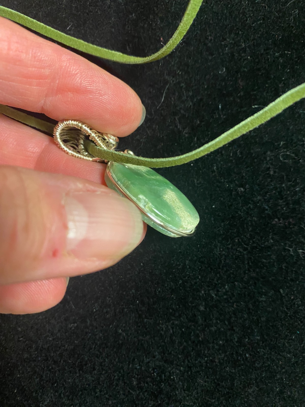Green & Cream Colored Jade Oval Cabochon Silver Wire Wrap Pendant Suede Band