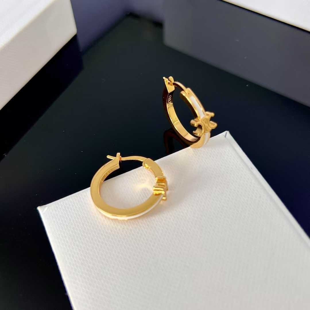 Celine Triomphe Hoop Earrings Gold Tone White Enamel Small Huggie Earrings Women