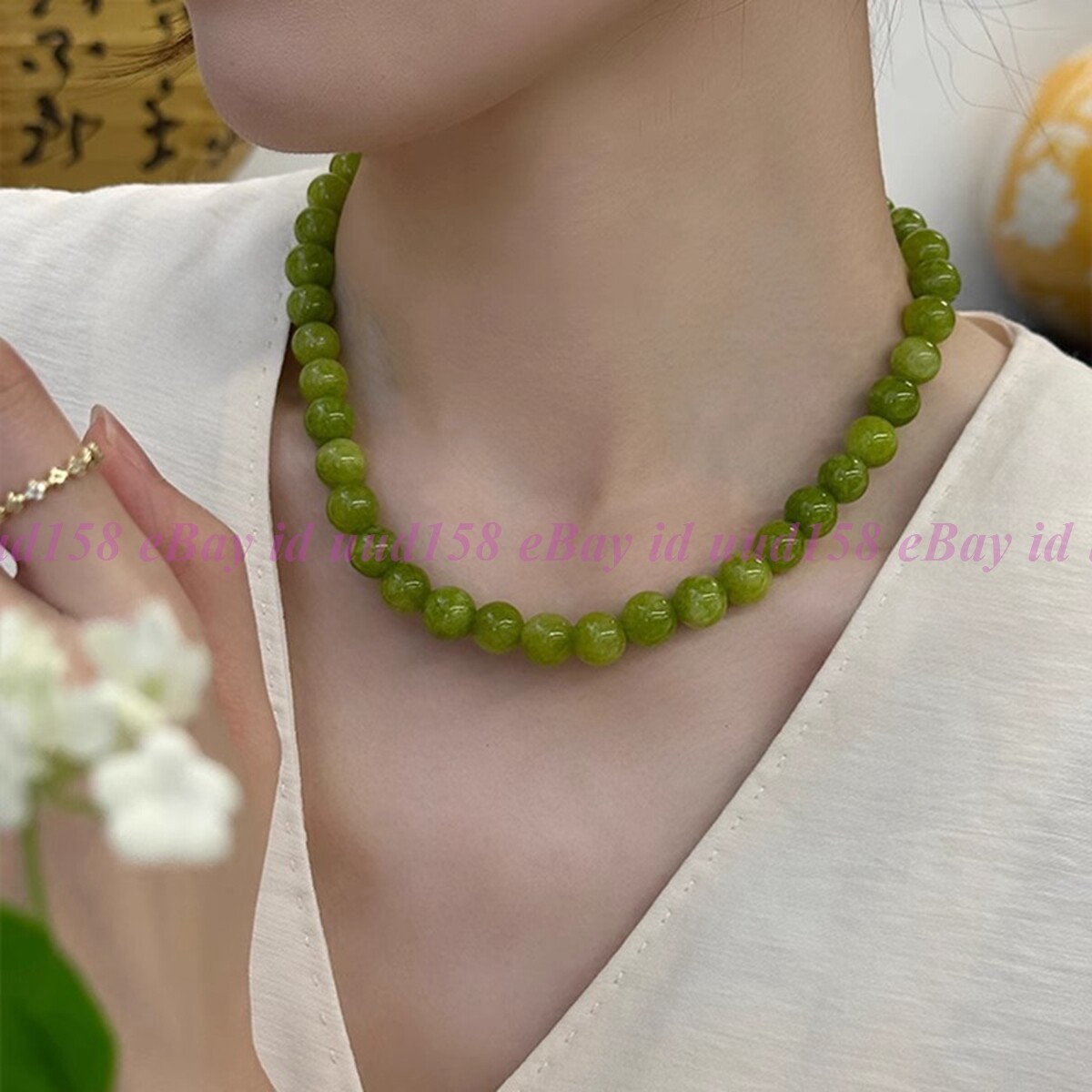 Green Jade Choker Delicate Stone Beads Necklace Crystal Dainty Healing Choker