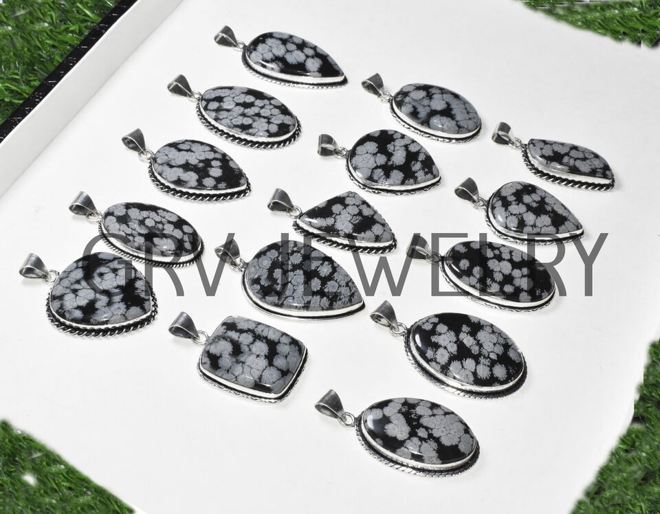 1-500 Pcs Snowflake Obsidian Pendant Wholesale Lot Bulk: Silver Plated WH-24