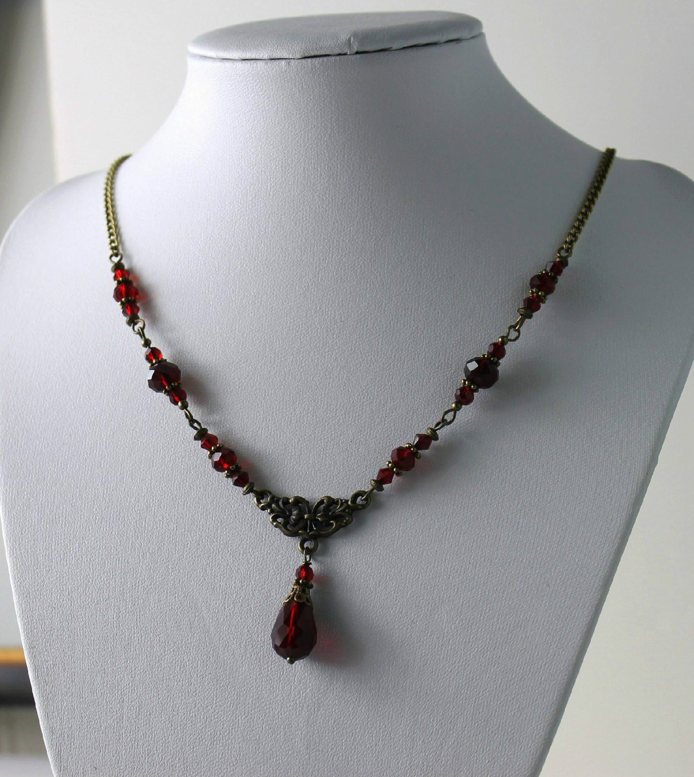 Garnet Dark Siam Blood Red Crystal Vintage Victorian Necklace Earring Set Steamp