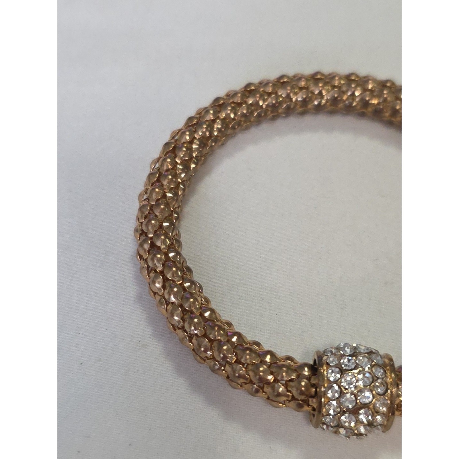Gold Tone Stretch Bracelet Popcorn Chain Clear Rhinestone Charm Accent Bead
