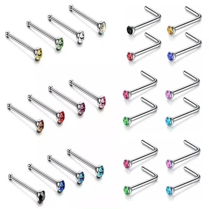 40-60Pcs Stainless Steel Nose Piercing Kit Rings Studs Helix L Shape Jewelry