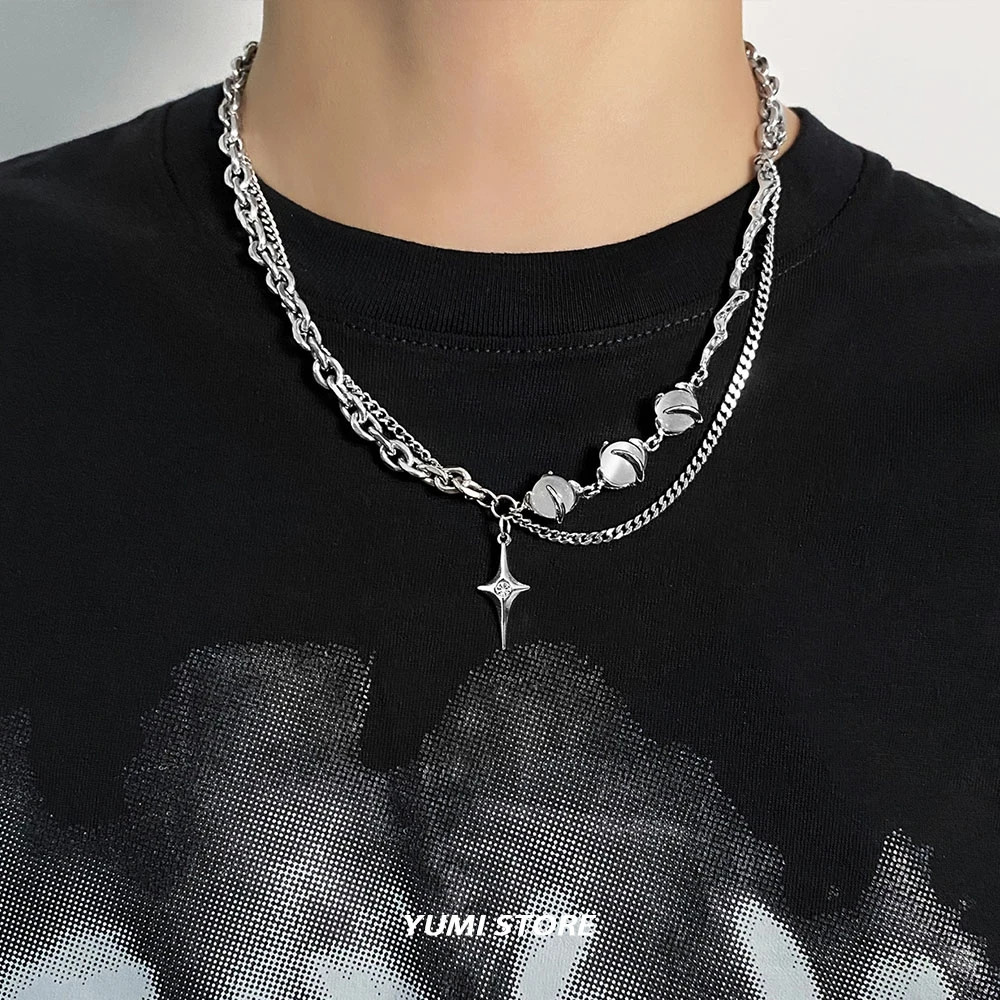 Titanium Steel Natural Zircon Cross Necklace For Man Woman Hip-Hop Clavicle Swea
