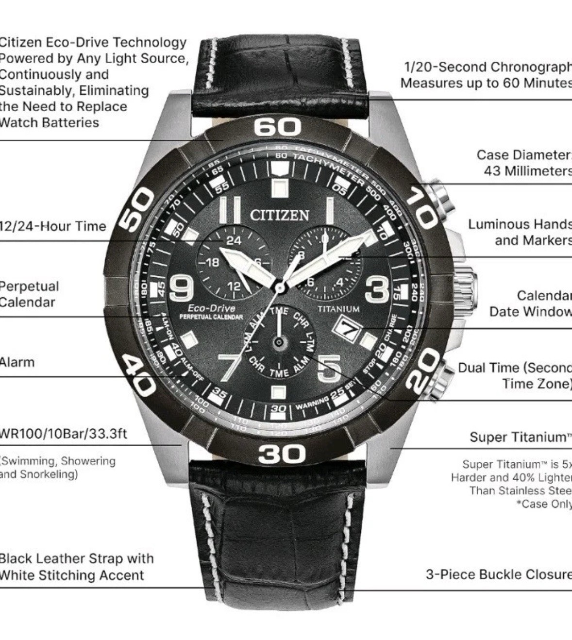 Citizen Eco-Drive Titanium Chronograph Perpetual Calendar 43mm Black Dial