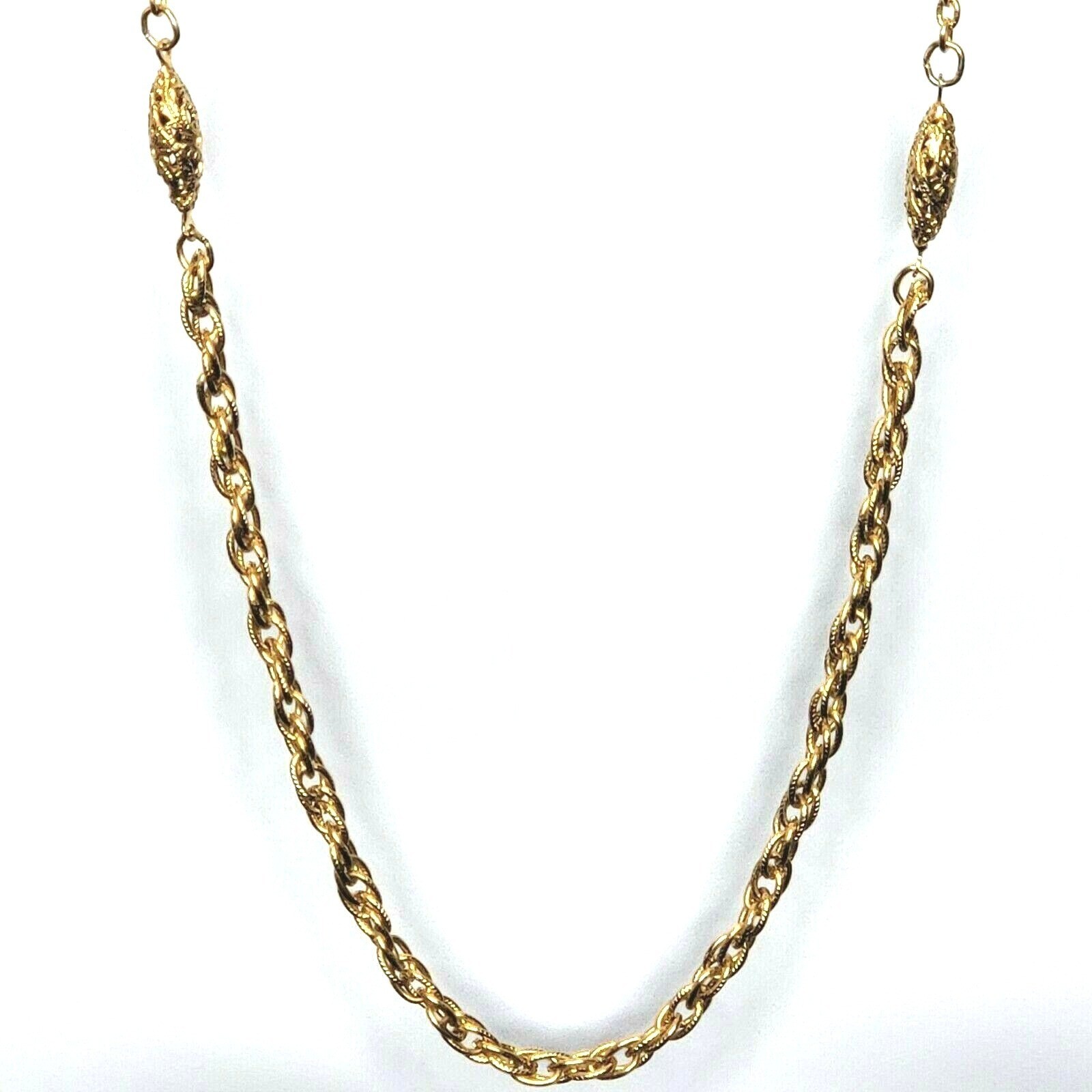 Twisted Rope Chain Single Strand Necklace 53″ Long with Gold Tone Cylinder Beads