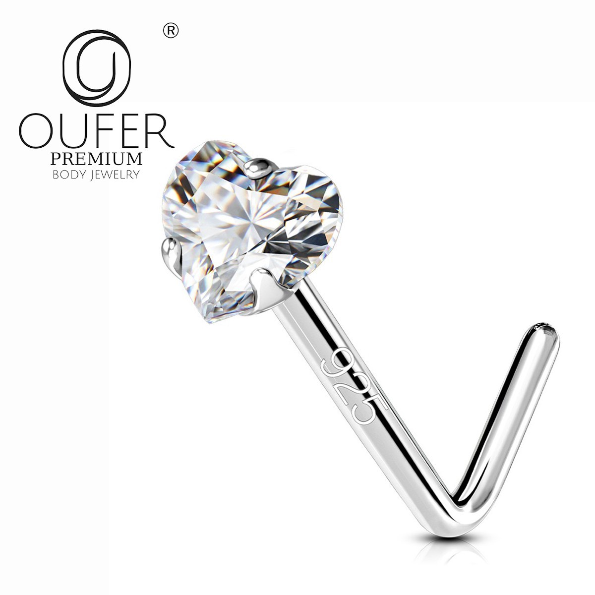 Nose Stud L-Shape 20G 7MM 925 Sterling Silver Heart Cut Clear Cubic Zirconia