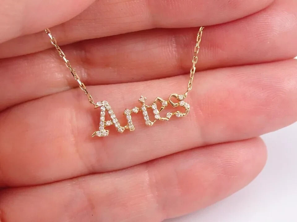 14K Yellow Gold Plated 1 CT Round Real Moissanite Customize Aries Names Pendant