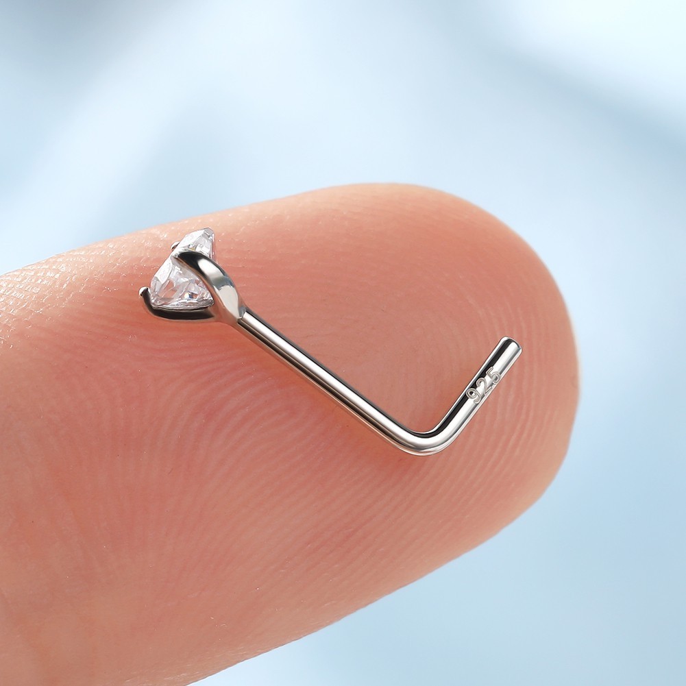 Nose Stud L-Shape 20G 7MM 925 Sterling Silver Heart Cut Clear Cubic Zirconia