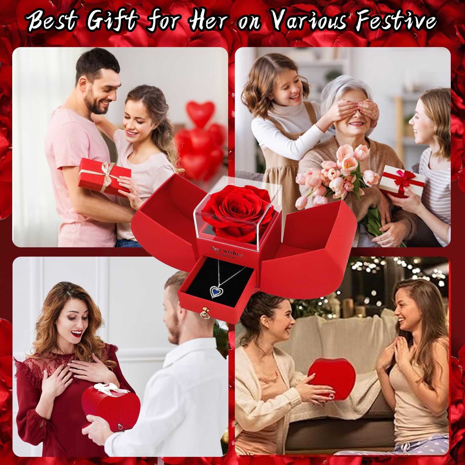 Women Gifts Ideas for Birthday, Preserved Forever Rose Gift with Necklace – Wife