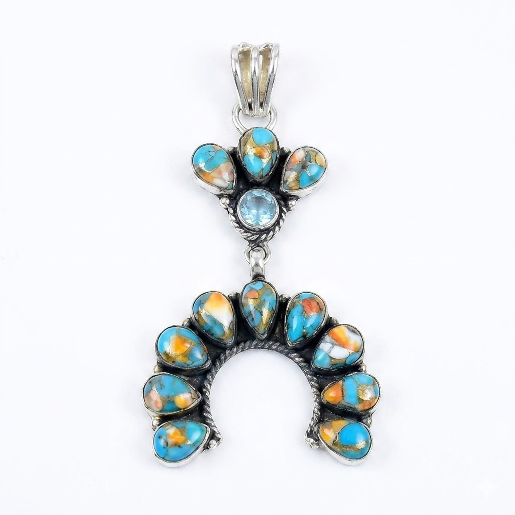 Spiny Oyster Turquoise German Silver 925 Stamped Blue Topaz Pendant