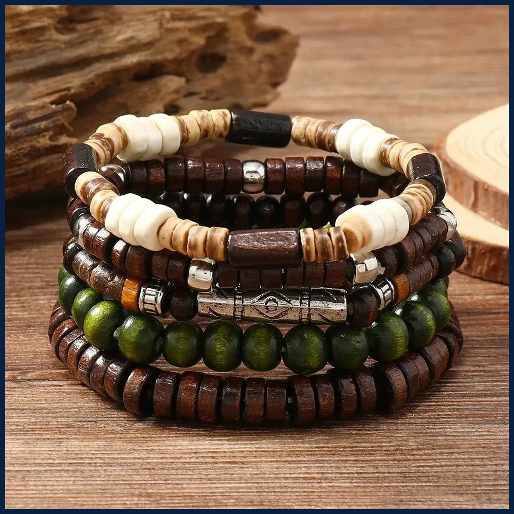 5PCS Wooden Bead Bracelet Set Elastic Retro Unisex Bangle Jewelry