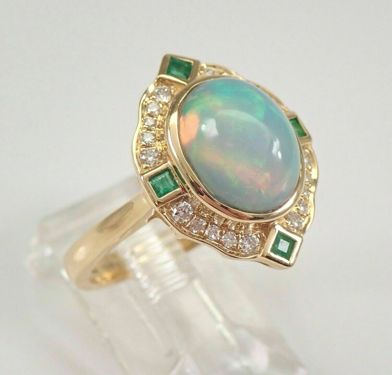 3Ct Oval Cut Opal & Emerald Women’s Halo Engagement Ring 14K Yellow Gold Finish