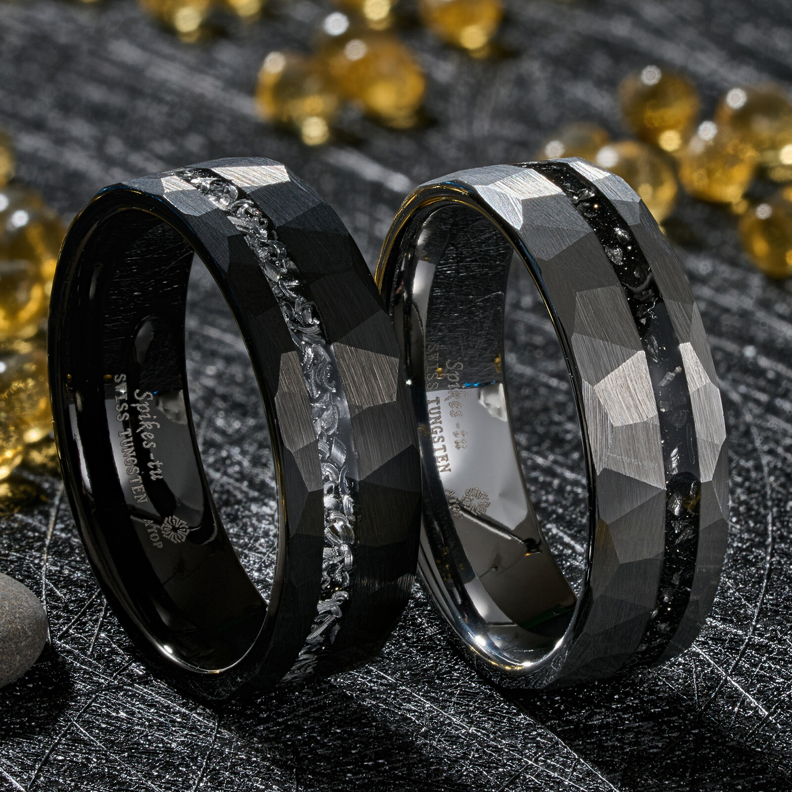 ATOP 8mm Meteorite Black Sliver Gold Tungsten Ring Line Men Wedding Band