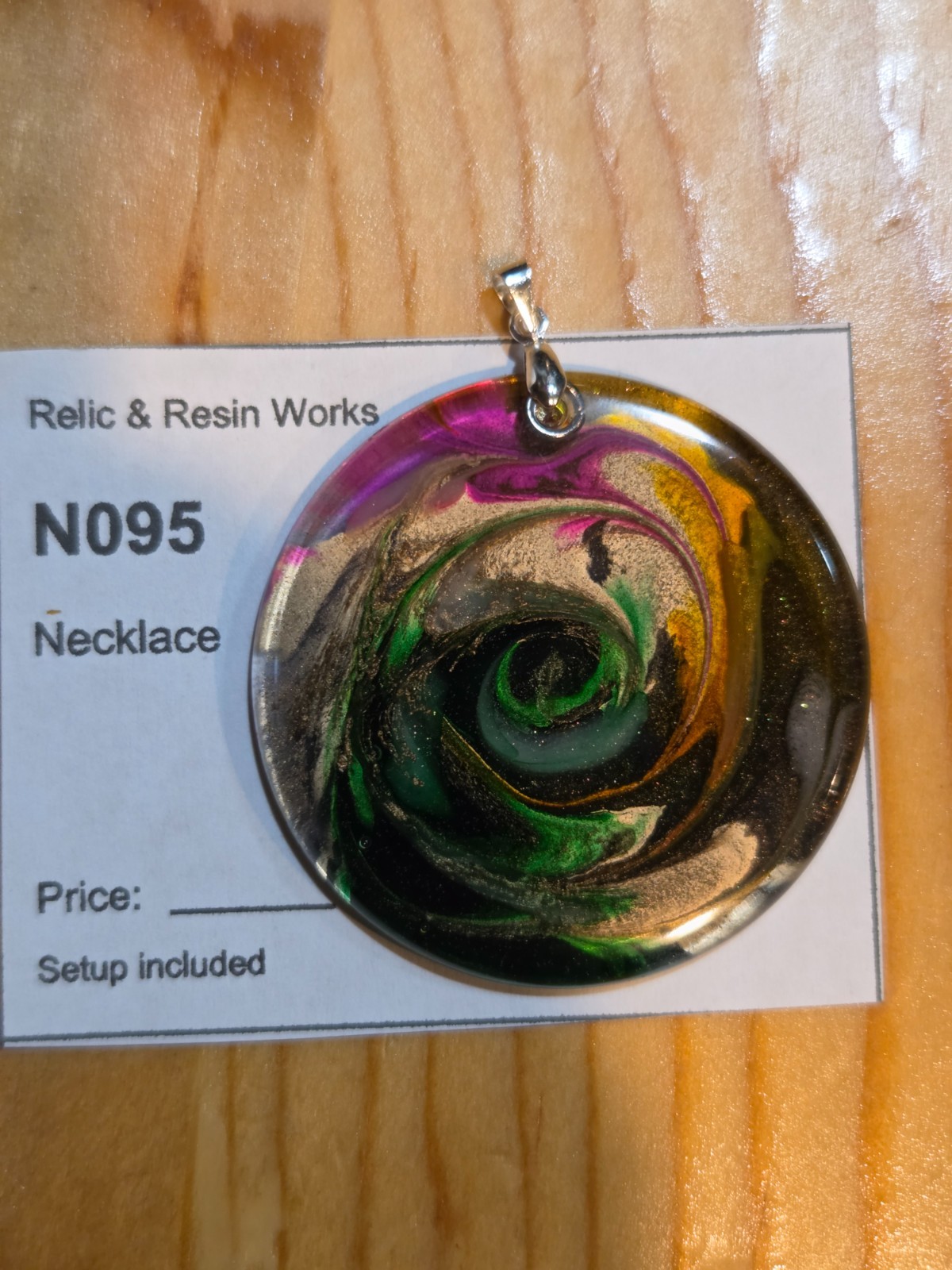OOAK Petri Effect Resin Round Pendant Green Gold Pink Black Glitter Swirl N095