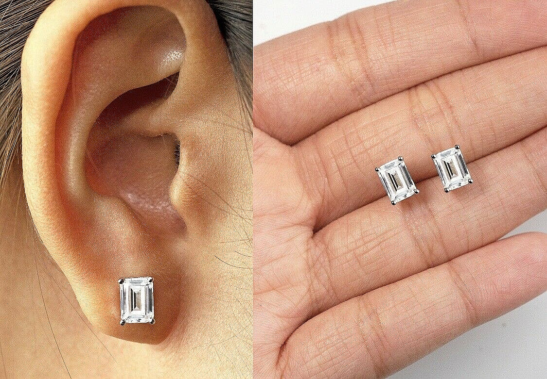 2 Ct Emerald Cut VVS1/D Lab Created Stud Earrings 14k White Gold 7mm Push Back