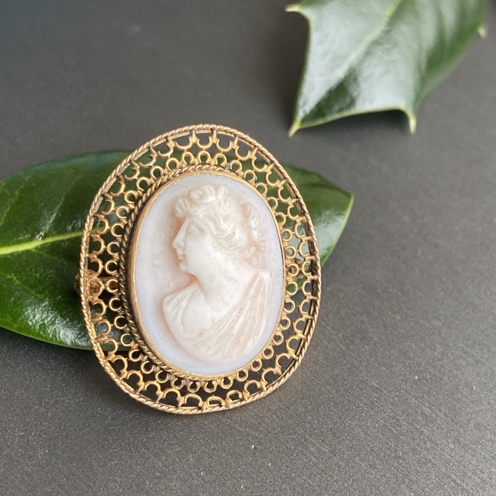 14K Yellow Gold Coral Cameo Brooch Antique Goddess Beauty Profile Fine Jewelry