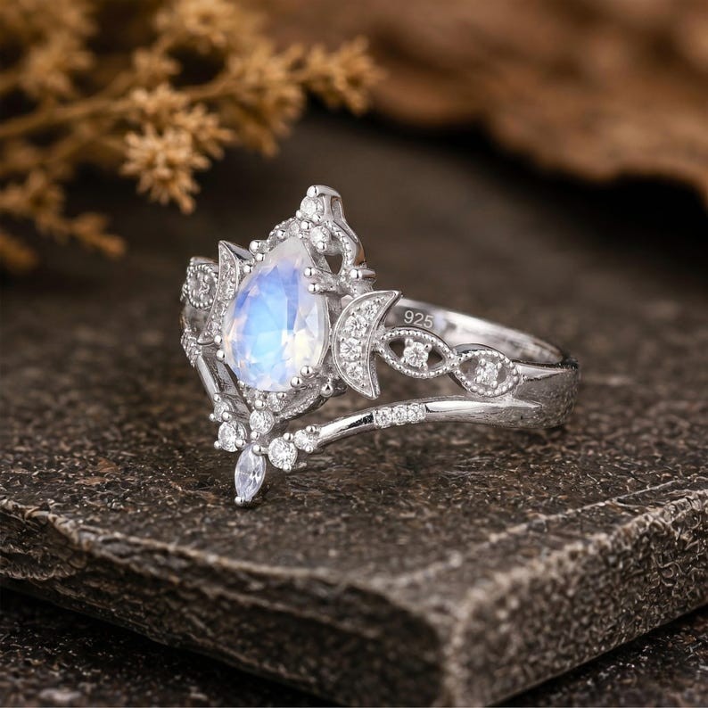 Art Deco Natural Pear Cut Moonstone 14k White Gold Plated Silver Engagement Ring