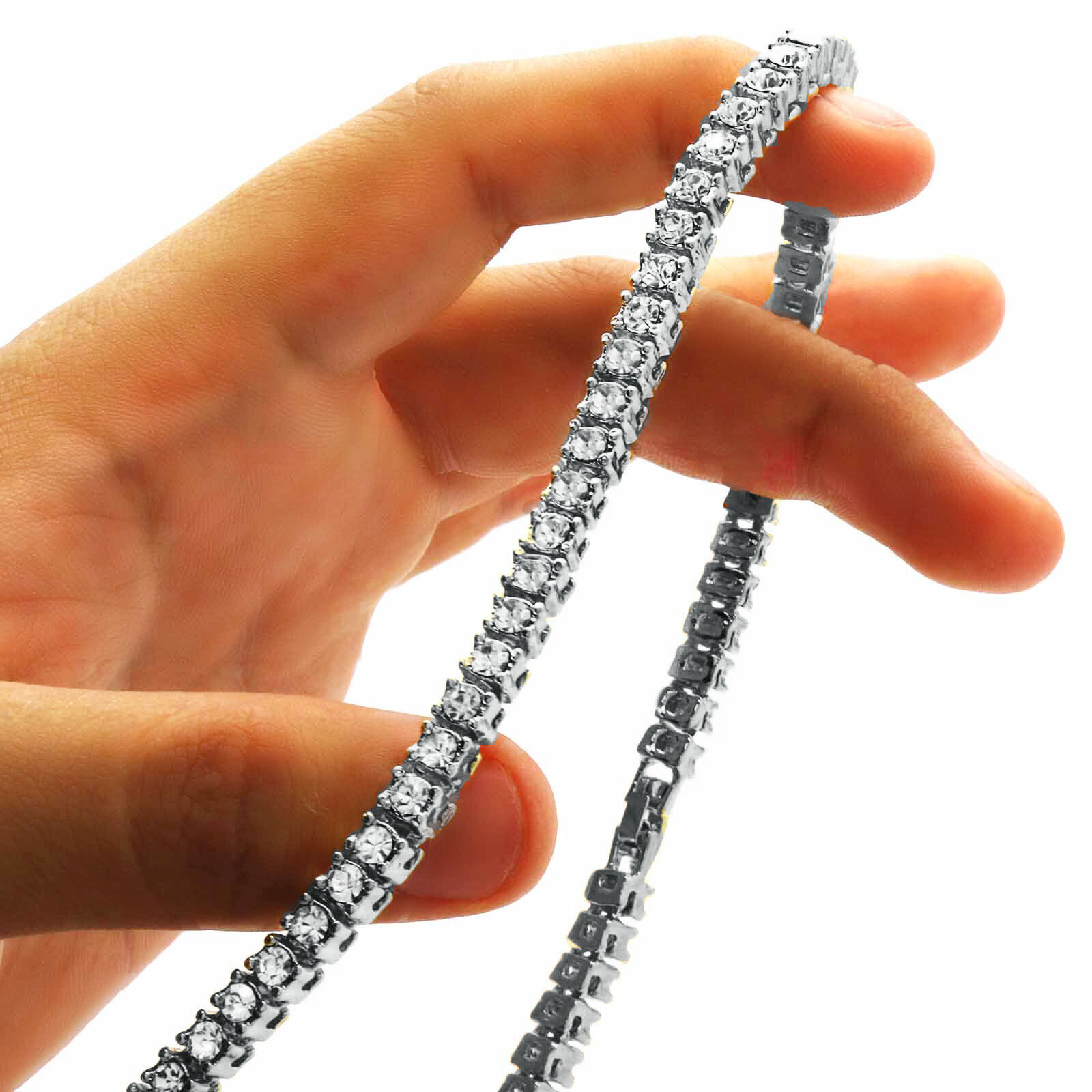 14k White Gold Plated Ice Cubic Zirconia 1 Row SILVER Chain Tennis Necklace