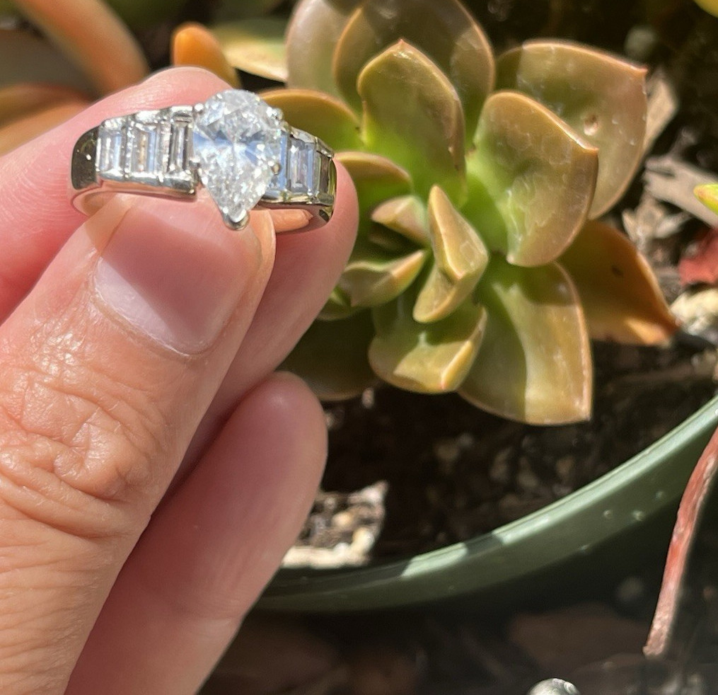 14K White Gold Pear Diamond Engagement Ring w/ Baguette Sides, Size 7 4mm