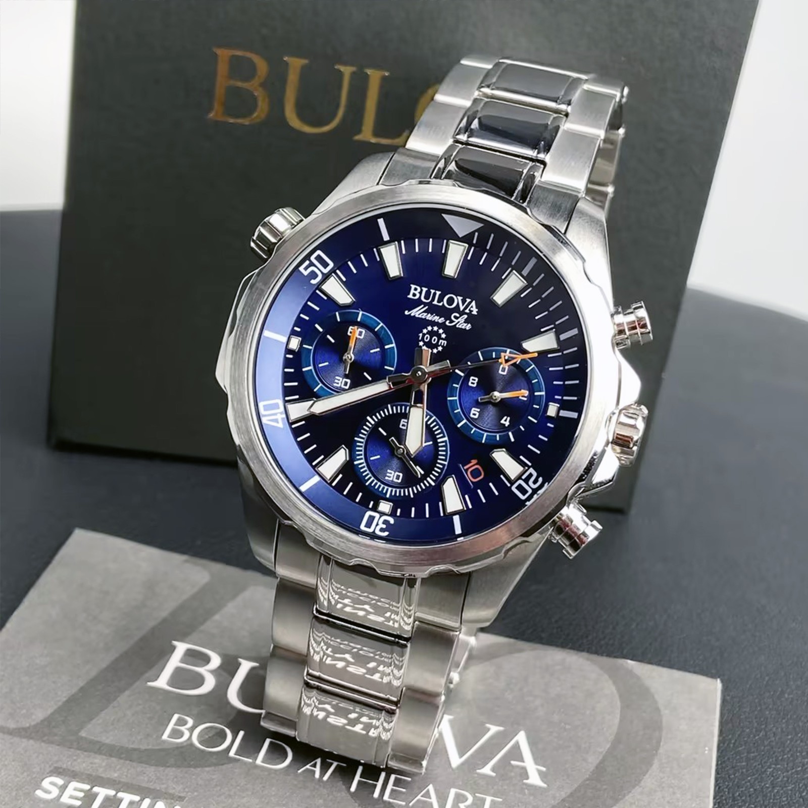 Men’s Bulova Marine Star Blue Dial Chronograph 96B256 Quartz New Watch 43mm